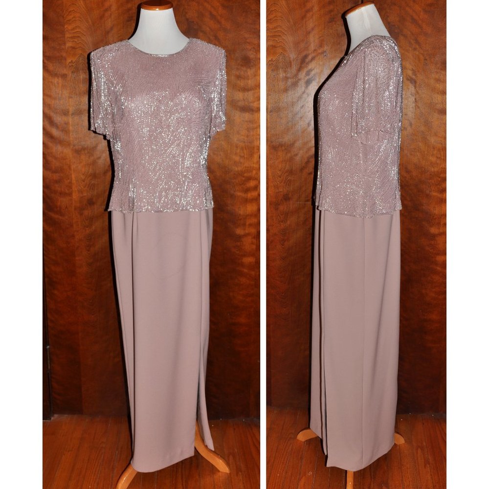Vintage Montage by Mon Cheri Beaded Pink Sand Beige Formal Evening Gown